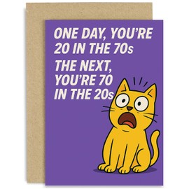 Funny Seventieth Birthday Cards for Him or Her, Cat Cartoon, Hilarious BDay Old Age Humour, Blank Inside