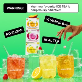 waterdrop® Microdrink ice Tea Set - 36 Drops Cubes, Zero Sugar Powder - 3 Fruity Varieties: PEACH, LEMON, RASPBERRY - With Green and Black Tea Extracts - Valuable Vitamins
