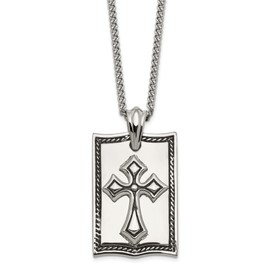 Timeless Spiritual Cross Pendant Necklace for Men with High Polish Rectangular Tag, Embossed Cross and Braided Border in Silver Tone, Modern Faith Design and Classic Stainless Steel Chain Necklace