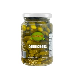 Sanniti Cornichons | Imported from Spain | Perfect for Charcuterie Boards, in a Salad, or as a Snack | Packed in Vinegar and Salt Brine, 12.3 oz (12.3 oz, 1, Count)