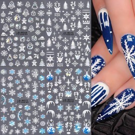 4 Sheets Christmas Nail Art Stickers Blue Snowflake Nail Decals 3D Self Adhesive White Reindeer Elk Snowman Gift Nail Design Stickers Laser Nail Stickers Cute Winter Holiday Nail Supplies for Winter