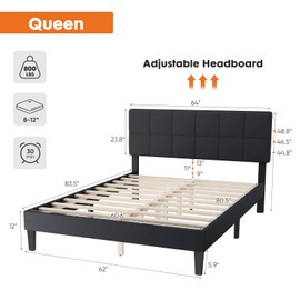 Sweetcrispy Queen Size Bed Frame - Linen Upholstered Platform Bed with Headboard, No Box Spring Needed with 800LBS Solid Wooden Slats Support, No-Noise, Easy Assembly, Dark Grey