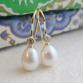 Süßwasserperlen und Zirkonia Ohrhänger aus Sterlingsilber - Handgefertigte Ohrringe für Frauen Damen (Vergoldet)