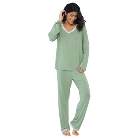 Amorbella Womens Bamboo Pyjamas Ultra Soft Long Sleeve Pajamas Jersey Knit Pjs(Sage Green, Medium)