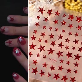Independence Day Nail Stickers 3D Glitter Red Star Nail Sticker Decals 4th of July Nail Art Supplies for Women & Girls Patriotic 3D Self-Adhesive Manicure