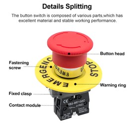 OELFFOW 1Pack Red Mushroom Head Emergency Stop Push Button Switch Press Self-Locking Clockwise Rotation Reset 1NC Switch with A Warning Ring Ith: 10A, Ui: 600V, Uimp: 6kV, AC15 240V-3A, CE