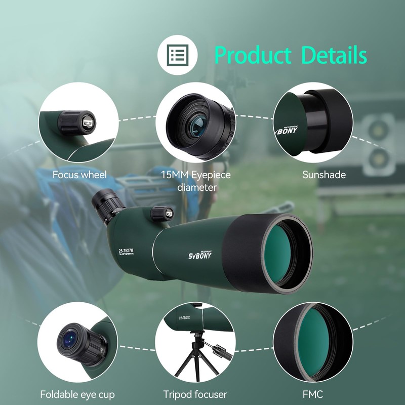 SVBONY SV28 Spotting Scopes with Tripod, Angled 25-75x70mm Spotter Scope