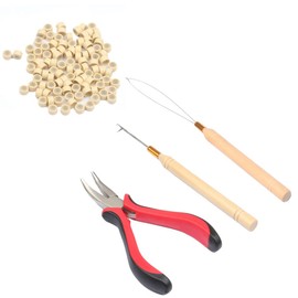 FeiHong Micro Links Hair Extensions Tools Kit, 500 Pieces Silicone Lined Micro Rings Bead, Plier, Hair Pulling Hooks and Beads Device for Professional Hair Styling Tools Accessory (Beige)