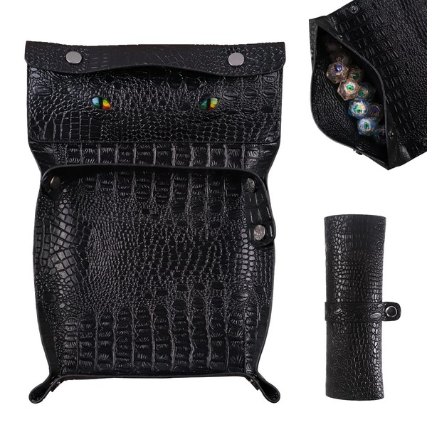 2 in1 DND Dice Bag & Tray, Black PU Leather DND Dice Tray Bag, Dice for Rolling Tray Bag Contains a DND Dice Bag to Storge Coins and Dice, Glow in The Dark Green Eye DND Accessories, Retro Game Props