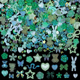 Kikonoke 100 Pieces 3D Resin Butterfly Bear Nail Charms Rose Flower Peach Skirt Bow Deer Snake Rabbit Animal Shaped Nail Art Rhinestones Pearls for DIY Nail Art Decoration Making Craft (Green)