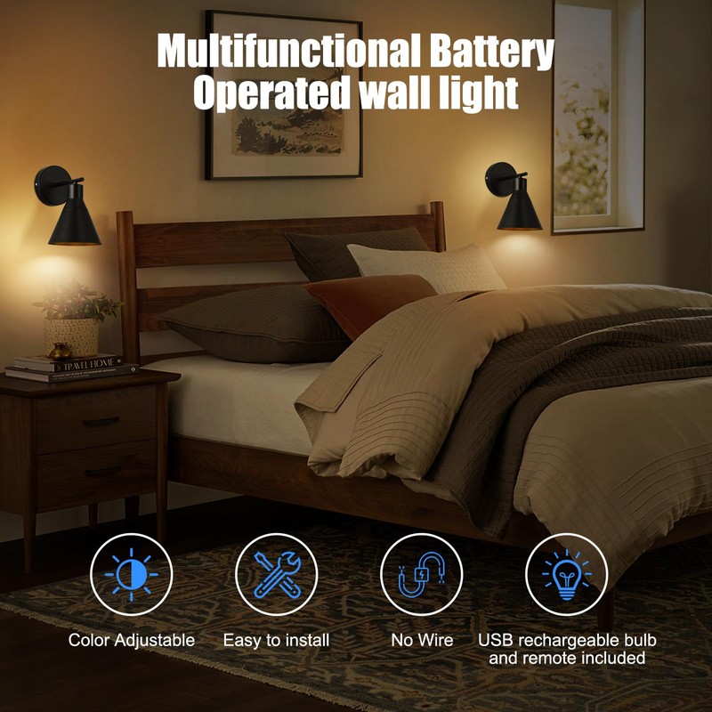 HOJOYRI Modern Wireless Battery Operated Wall Sconces, Black Rechargeable Cordless