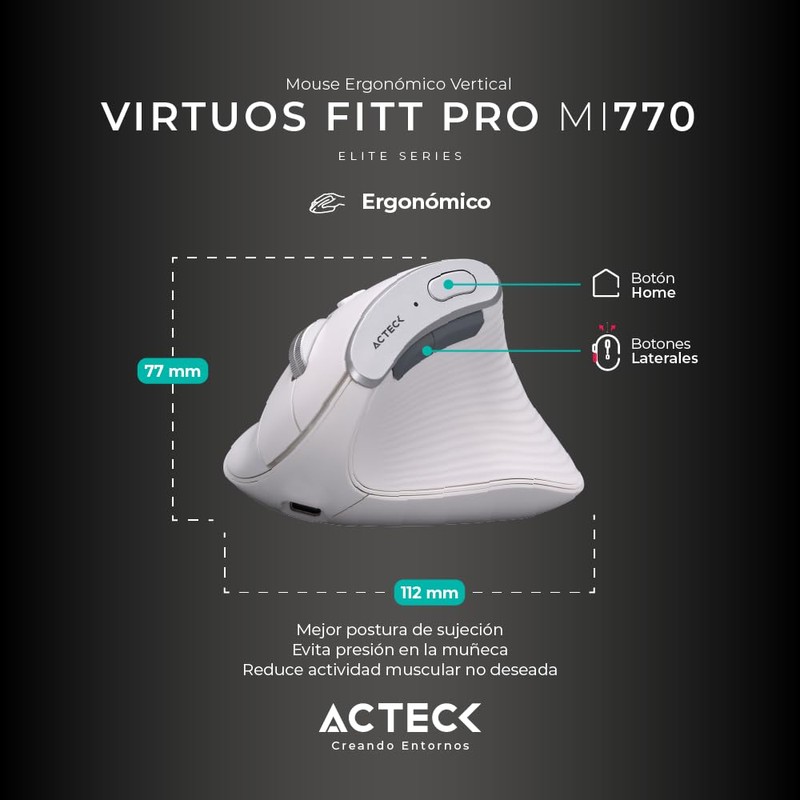 Acteck Mouse Ergonomico VIRTUOS Fitt Pro MI770 1600dpi Inalambrico 8