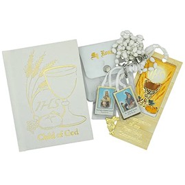 First Holy Communion Gift Set | Catholic Prayer Kit for Children | Includes Mass Missal, Bookmark, Rosary, Pouch, and Pin | Black or White for Boys and Girls (White)