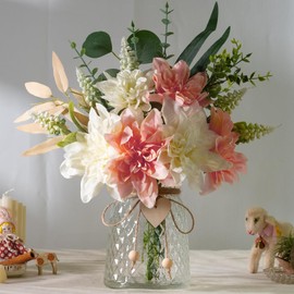 JARELING Fake Flowers with Vase Silk Flowers in Vase Dahlia Flowers Arrangement Suitable for Home Office Decoration, Dining Table Centerpiece (Dahlia-White Pink)
