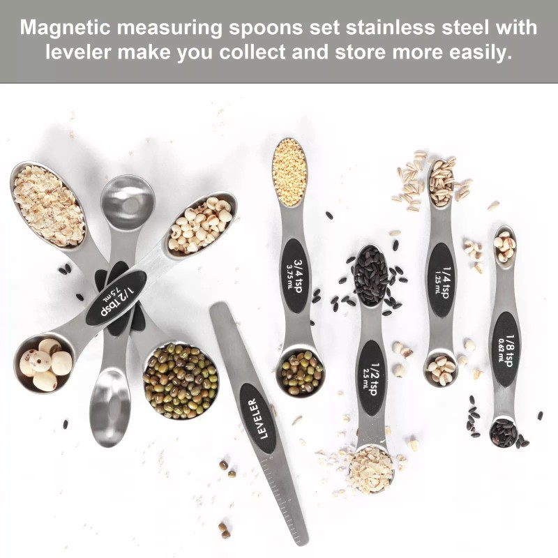 BIDFUL Magnetic Measuring Spoons Set Stainless Steel with Leveler-9pcs Stackable
