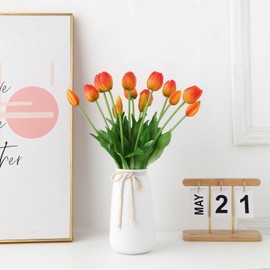 Funfmm 15pcs Flowers Artificial Tulip Silk Flowers, Fake Bouquet,Faux Tulip Stems Real Touch Tulips for Wedding Party Home Decoration(Orange)