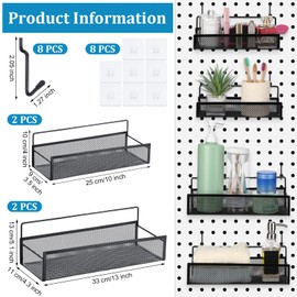 Shimeyao Pegboard Baskets Bins Set 4 Pcs Metal Pegboard Baskets with 8 Pcs Black Pegboard Hooks, Peg Board Organizer Accessories for Garage Workbench Kitchen Office Craft Room