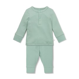 MORI Baby Unisex Pajama Set in Ribbed Mint - Front Popper Top and Elastic Waist Bottoms - Two Piece Sleepwear - 3-6 Months