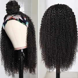 Afro Kinky Curly Human Hair Half Wigs for Black Women Wear & Go Glueless Wigs Human Hair Seamless Kinky Curly Flip Over Drawstring Clip in Half Wig No Sew In 200% Density Natural Color 26 Inch