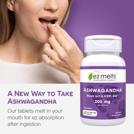 EZ Melts Dissolvable KSM-66 Ashwagandha, 300 mg, Sugar-Free, Stress, Sleep and Mood Support Supplement, 30-Day Supply, Apple Berry-Flavor - 1 Pack