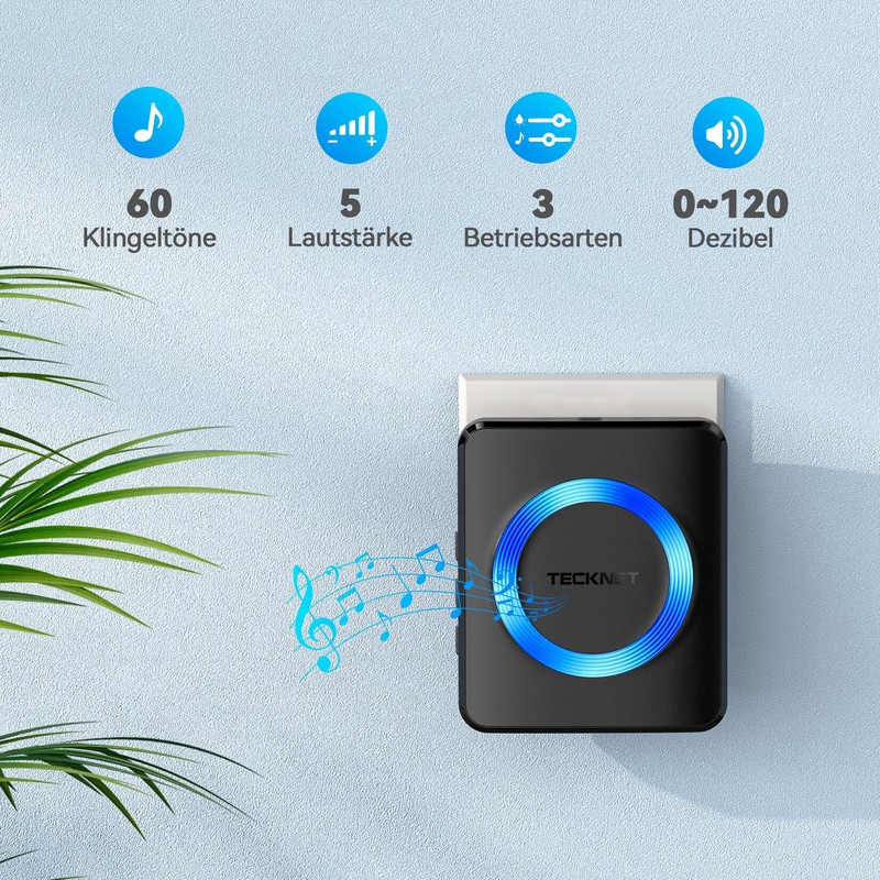 TECKNET Wireless Doorbell, Wireless Doorbell Set, 400 m Range, IP65