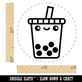 Kawaii Cute Boba Bubble Milk Tea Face Self-Inking Rubber Stamp for Stamping Ink Stamper Crafting Planners - 1/2 Inch Mini - Brown Ink