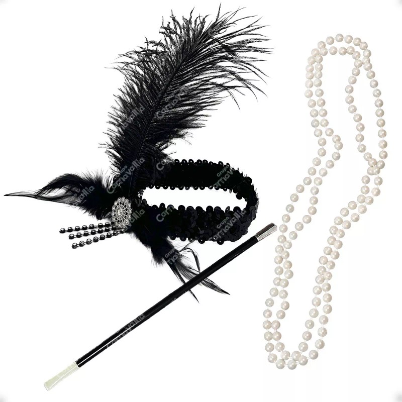 Grupo Carnavallia Kit Charleston Accesorios Diadema Pluma Negra Collar Pipa