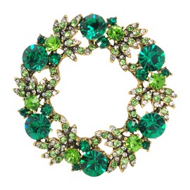 Gyn&Joy Womens Crystal Rhinestone Flower Wreath Wedding Holiday Fashion Jewelry Brooch Pin (Green Antique Gold Tone)