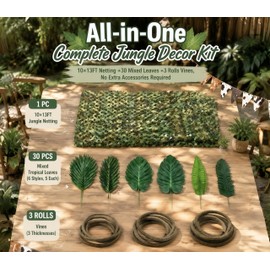 1 Set/34 Pcs Jungle Party Decoration - 10 x 13.1ft Tropical Rainforest Netting with 30 Artificial Leaves (Monstera, Willow) & 3 Rolls Garland Vines for Safari Luau Hawaiian Indoor Outdoor Decor