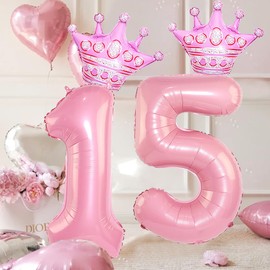 40 Inch Pink Crown Number 15 Balloons, 15th Birthday Balloons for Men Women, Pink 15th Celebration Decor Happy 15th Birthday Party,15th Birthday Party Decoration Wedding Anniversary Events Supplies