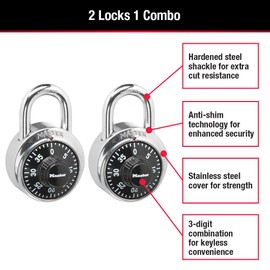 Master Lock Black Gym Locker Lock Combination Padlock, Indoor Combo Lock with Preset 3-Digit Code for Cabinets, Storage, 2 Pack, 1500T