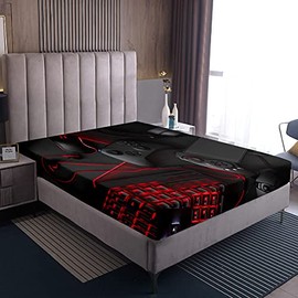 Loussiesd Black Gamepad Fitted Sheet 140 x 200 cm Boys Game Theme Fitted Sheet Teenagers Modern Game Controller Fitted Sheet Black Red Gamer Bed Sheet Set Polyester for Children Men