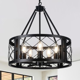 CWarmozy 5-Light Farmhouse Chandelier 19.8" Black Rustic Chandelier for Dining Room Wood Texture Adjustable Pendant Light Fixture for Kitchen Island Entryway Bedroom Hallway
