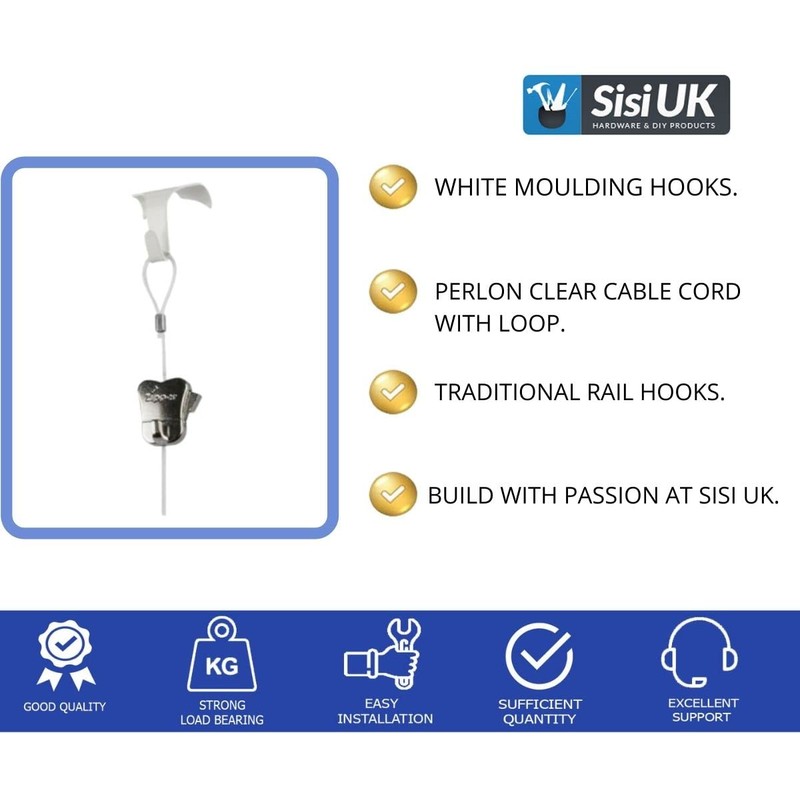 White Moulding Hooks for Picture Hanging with Perlon Clear Cable