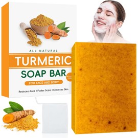 1 Pcs Jabón Turmeric Soap, Jabón de Cúrcuma y Ácido Kójico,Hidratación Profunda, Iluminador de Piel, Reduce Manchas Oscuras y Acné, Suave para Piel Sensible,Mixta,Grasa y Seca (Cara y Cuerpo)