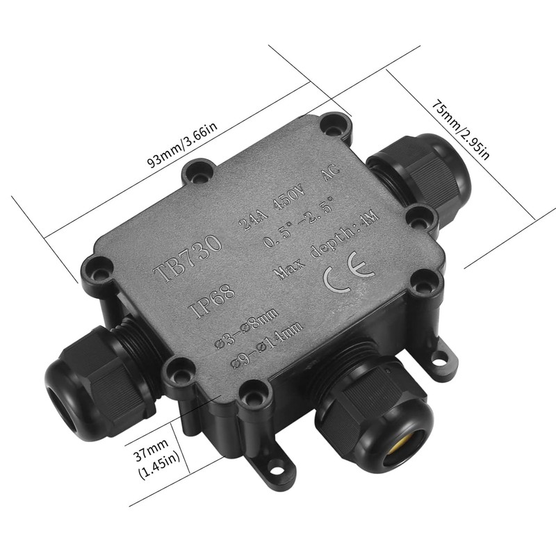 2pcs IP68 waterproof junction box, 3 way outdoor electrical connector,