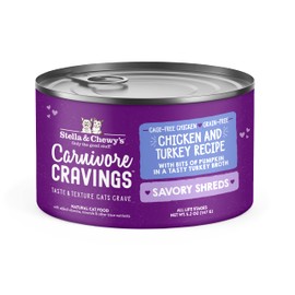 Stella & Chewy's Carnivore Cravings Savory Shreds Cans – Grain Free, Protein Rich Wet Cat Food – Cage-Free Chicken & Turkey Recipe – (5.2 Ounce Cans, Case of 24)