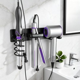 Hair Dryer Holder, 3 in 1 Curling Iron Holder & Flat Iron Holder for Bathroom Wall Mounted, Hair Tool Organizer for Blow Dryer and Styling Tools, Aluminum Alloy, Matte Black