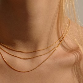 Gold Layered Necklace for Women, 18K Gold Plated Layering Tiny Herringbone Necklace Dainty Layer Snake Chain Necklace Stackable Minimalist Gold Choker Triple Chain Necklace Jewelry Gifts