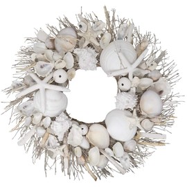 ANDALUCA Summer Seashell & Starfish 20" Coastal Wreath All Natural Sea Shells (White)
