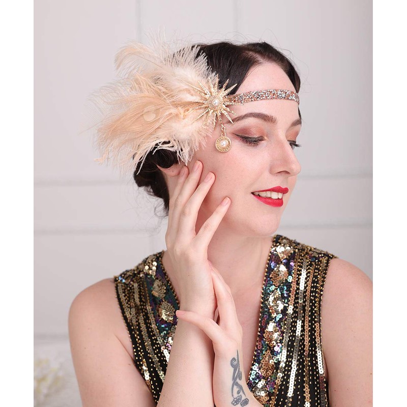 Aimimier 1920s Flapper Feather Headband Champagne Feather Headpiece with Rhinestone
