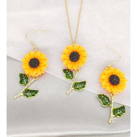 Juego de collar de aretes de girasol de resina para mujer, bonitos pendientes de flores de sol, resina, sin piedras preciosas, Resina, Sin piedra preciosa