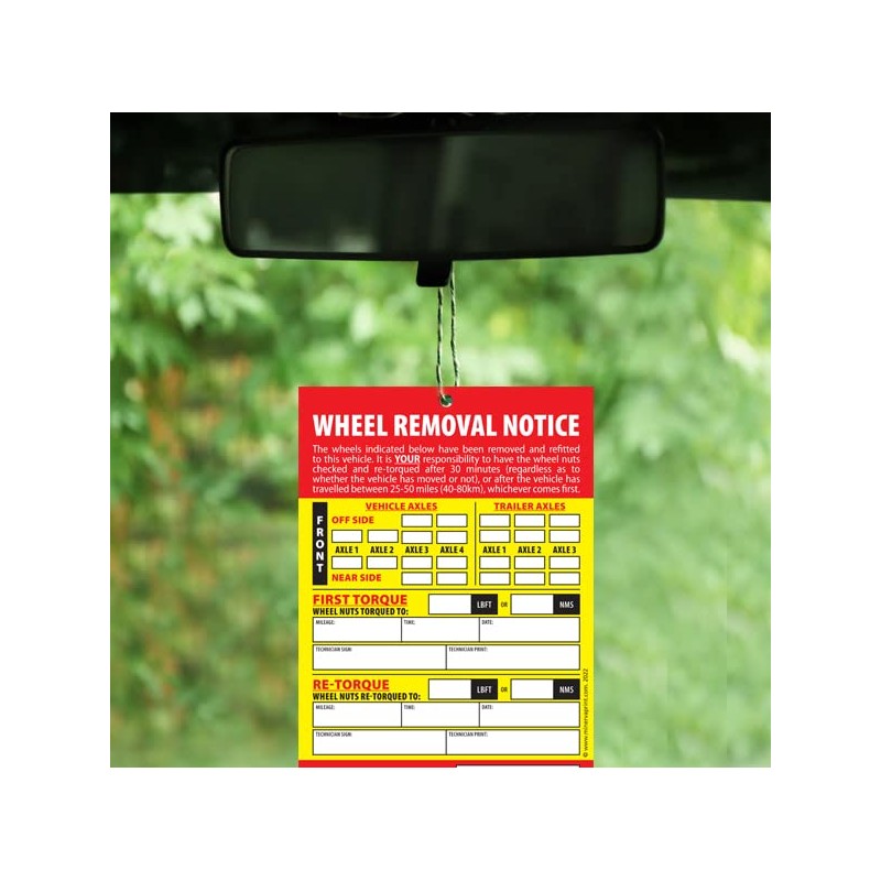 Wheel Change Notice Tag Card Re-Torque Warning - 50 Cards