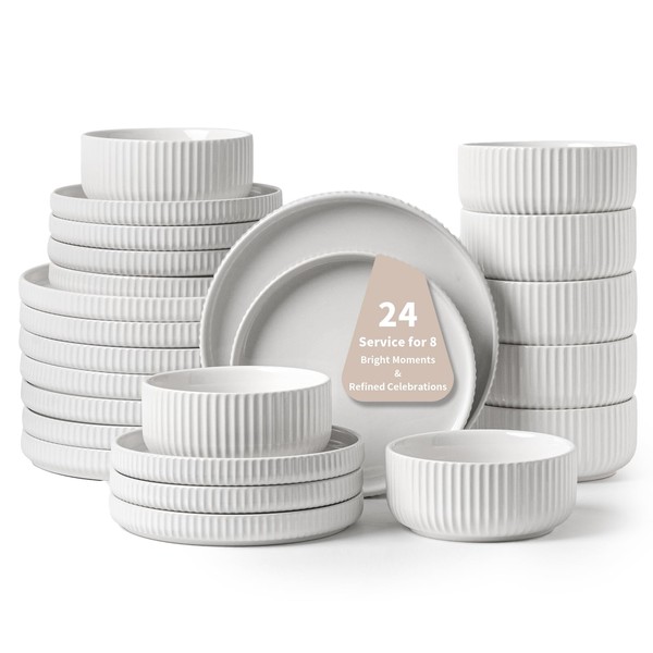 FOBENTA 24 Piece White Ceramic Dinnerware Set,Elegant Dish Set for