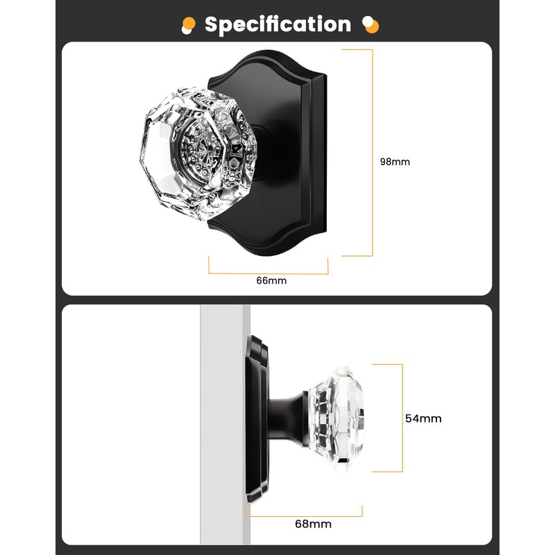 Gobrico 3 Pack Crystal Door Knobs with Matte Black Arched