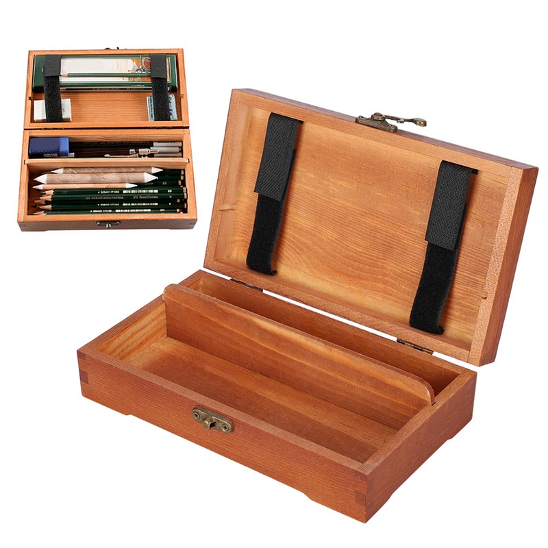 Wooden Sketching Pencil Box Antique Solid Wood Square Children Stationery