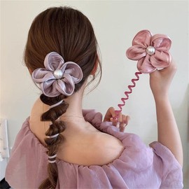 4 Pcs Colorful Telephone Wire Hair Bands Flower Bowknot Braided Phone Cord Straight Spiral Hair Tie for Women Girl Kids #08