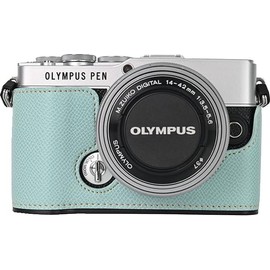 BMAOLLONGB E-P7 Case, Handmade PU Leather Half Camera Case Bag Cover Bottom Opening Version for Olympus PEN E-P7 With Hand Strap (Blue)