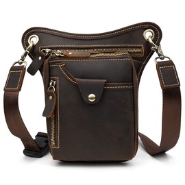Mens Genuine Leather Messenger Shoulder Bag Motorcycle Bike Riding Cycling Multi-Purpose Thigh Waist Fanny Pack Travel Hiking Sports Camping Pouch, Dark Brown