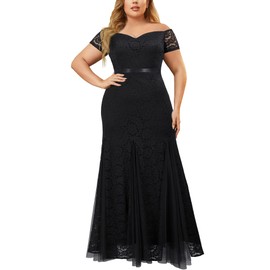 Miusol Women's Plus Size Formal Off Shoulder Vintage Floral Lace Mermaid Evening Party Maxi Dress Black